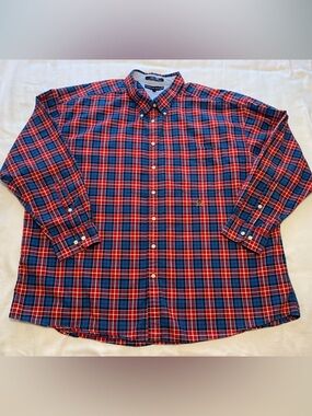 Tommy Hilfiger Men's 4XL Red and Blue Plaid Long Sleeve Button-Down Shirt